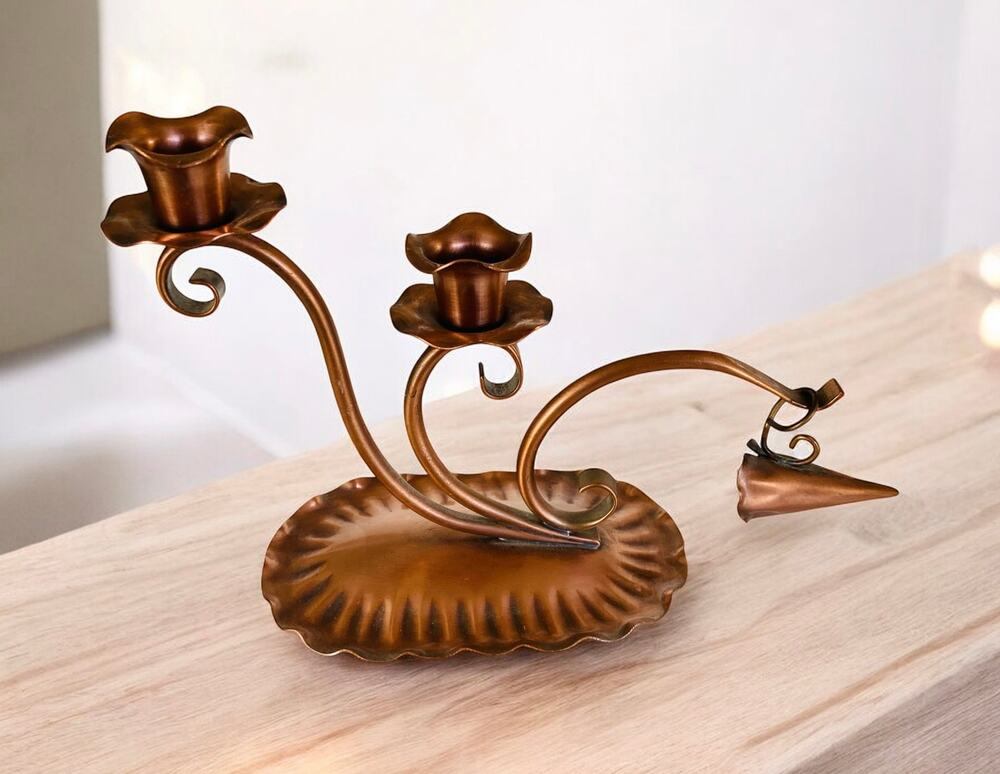 VINTAGE Gregorian Copper Scroll Double Taper MCM Candle Holder w/ Snuffer Decor